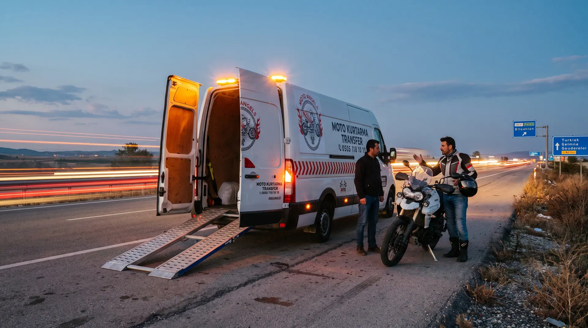 Moto Angels aracı otoyol kenarında arızalı motosiklete yardım ediyor